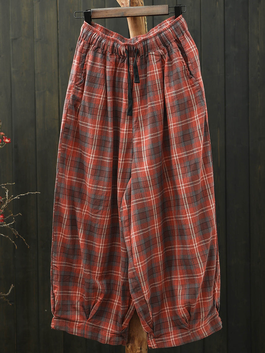 Plus Size Women Summer Casual Plaid Cotton Bloomers