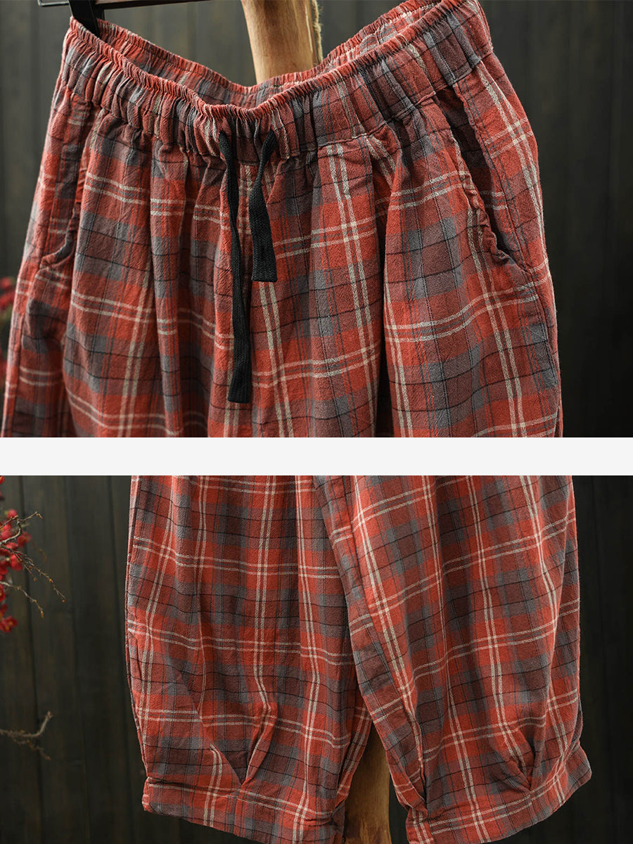 Plus Size Women Summer Casual Plaid Cotton Bloomers