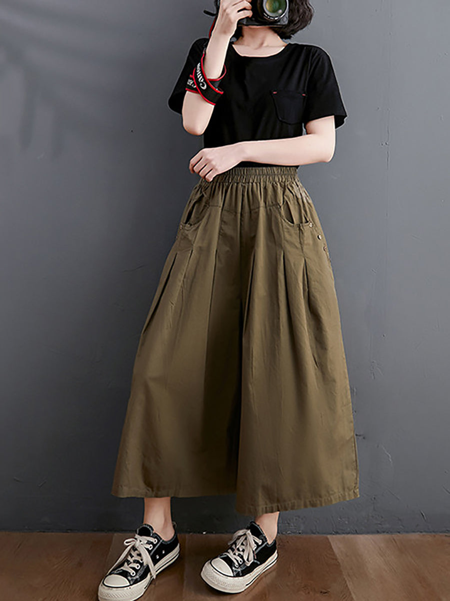 Plus Size Women Summer Casual Pure Color Wide-leg Pants