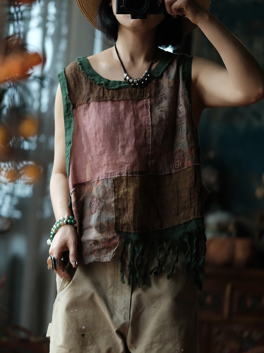 Plus Size Women Summer Vintage Patchwork O-Neck Tank Top