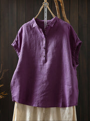Plus Size Women Summer Artsy Pure Color 100%Linen Blouse