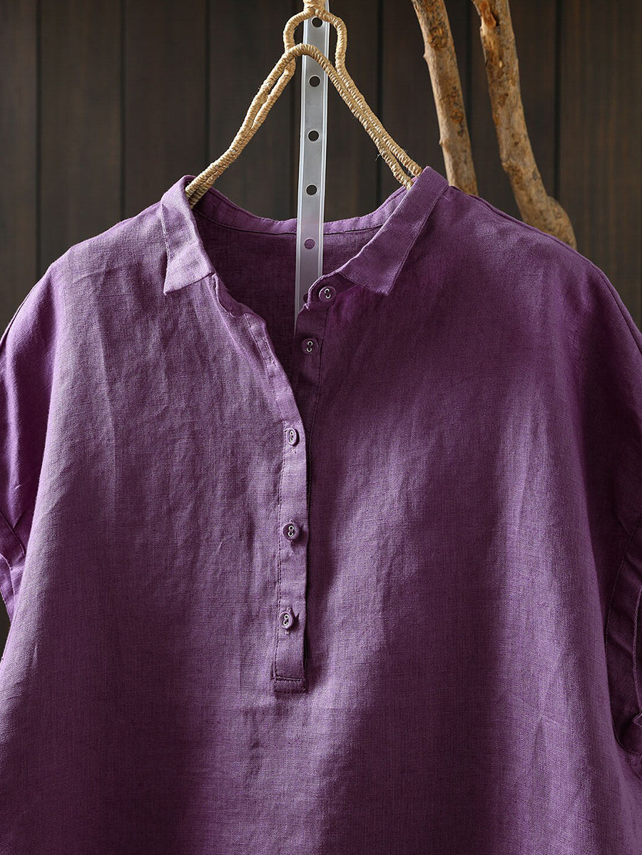 Plus Size Women Summer Artsy Pure Color 100%Linen Blouse