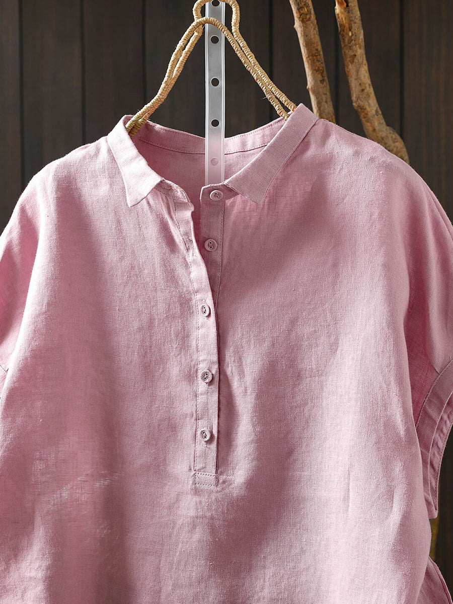Plus Size Women Summer Artsy Pure Color 100%Linen Blouse