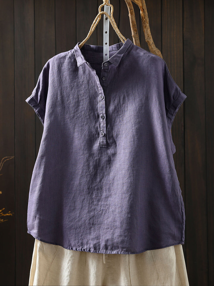 Plus Size Women Summer Artsy Pure Color 100%Linen Blouse