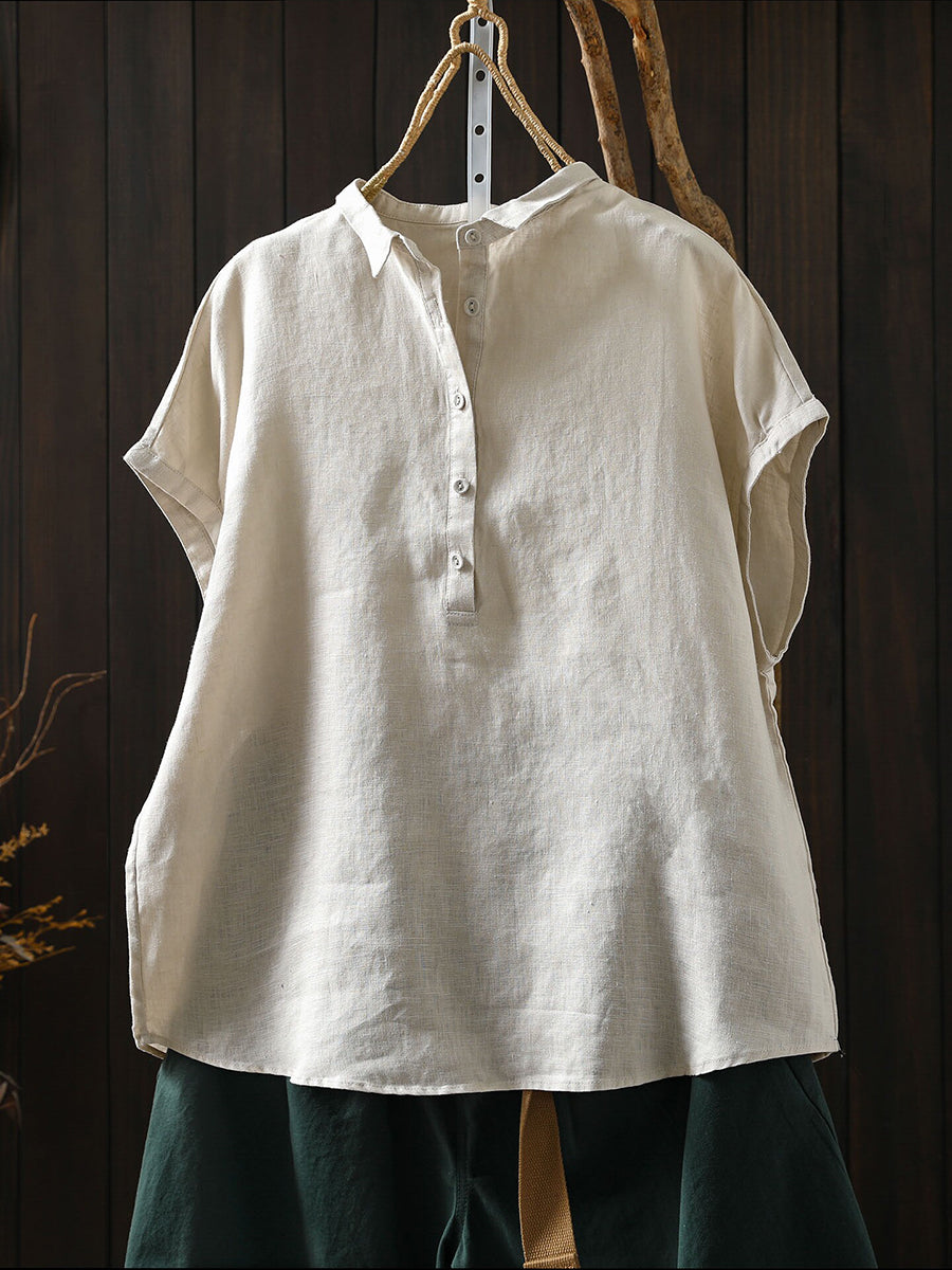 Plus Size Women Summer Artsy Pure Color 100%Linen Blouse