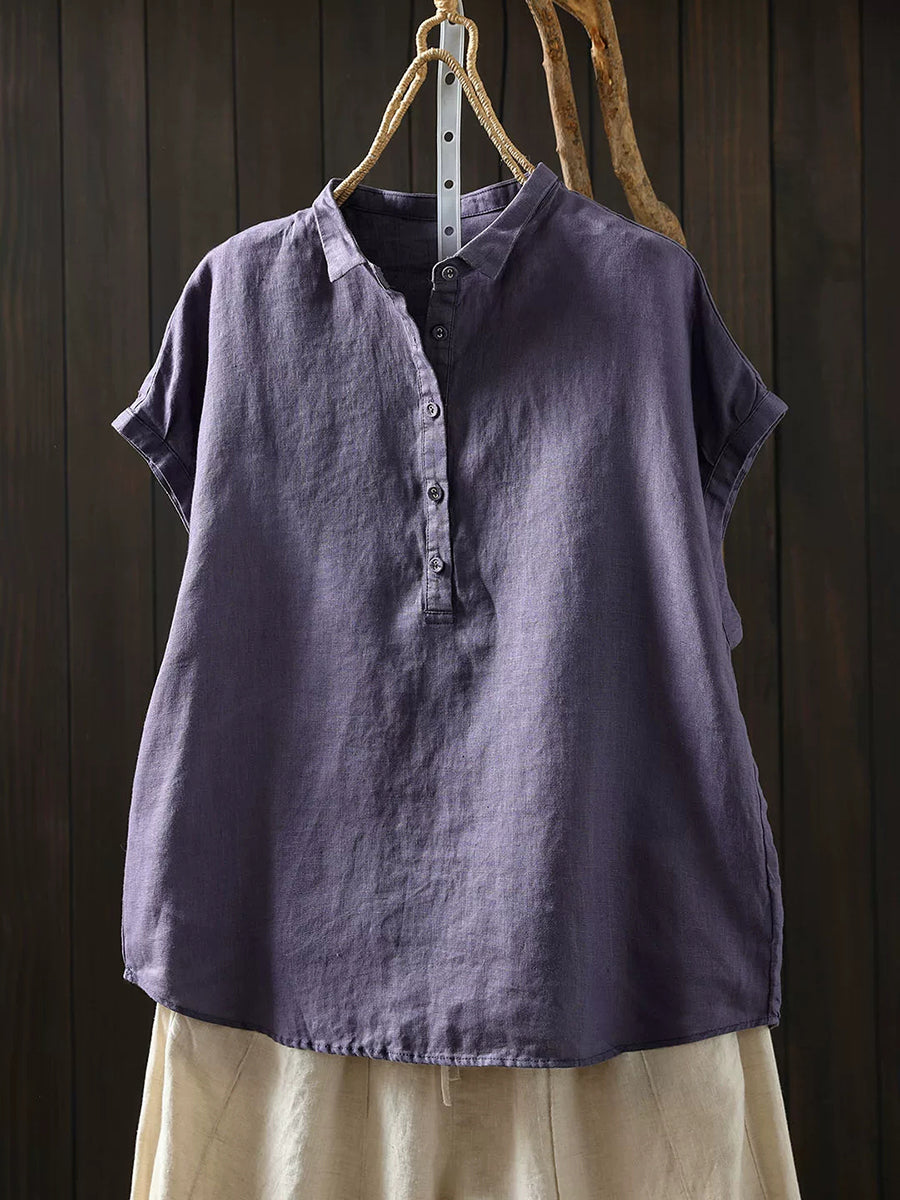 Plus Size Women Summer Artsy Pure Color 100%Linen Blouse