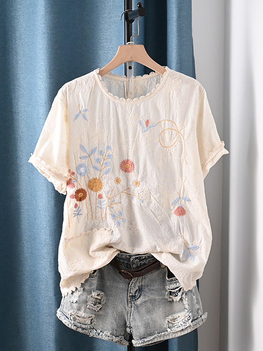 Plus Size Women Summer Artsy Flower Embroidery 100%Cotton Blouse