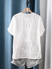 Plus Size Women Summer Artsy Flower Embroidery 100%Cotton Blouse