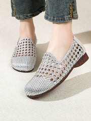 Women Summer Hole Leather Weave Low Heel Sandals