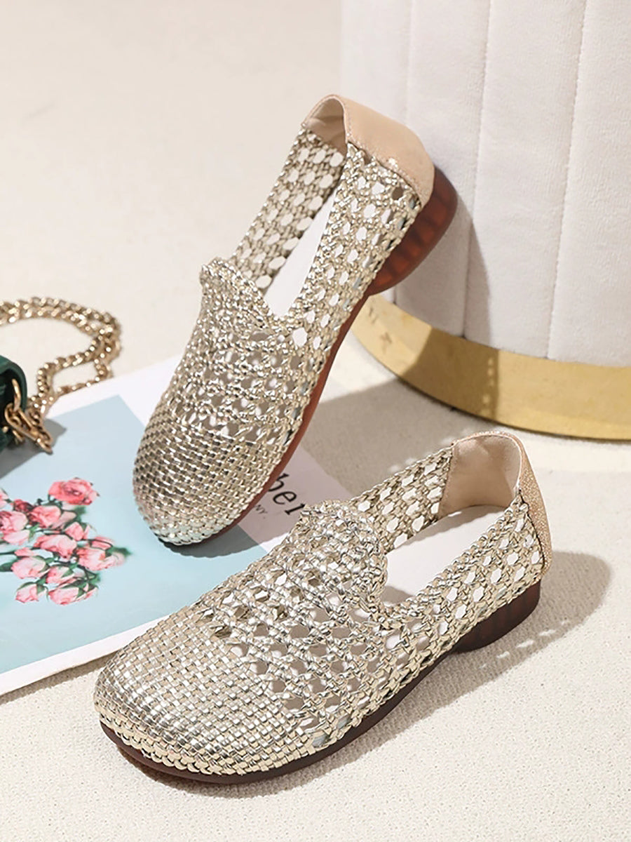 Women Summer Hole Leather Weave Low Heel Sandals