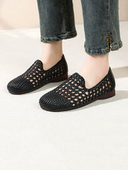 Women Summer Hole Leather Weave Low Heel Sandals