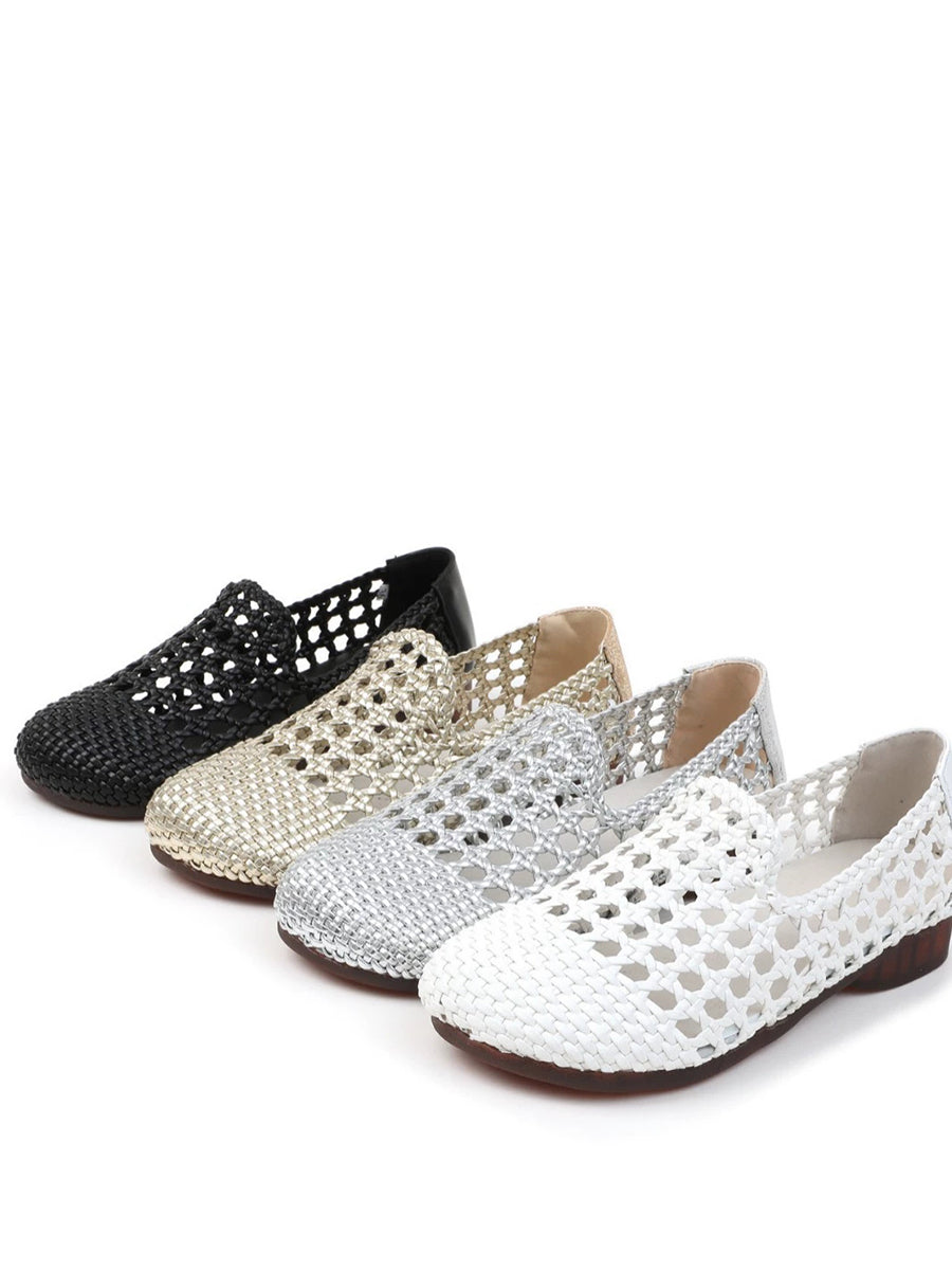 Women Summer Hole Leather Weave Low Heel Sandals