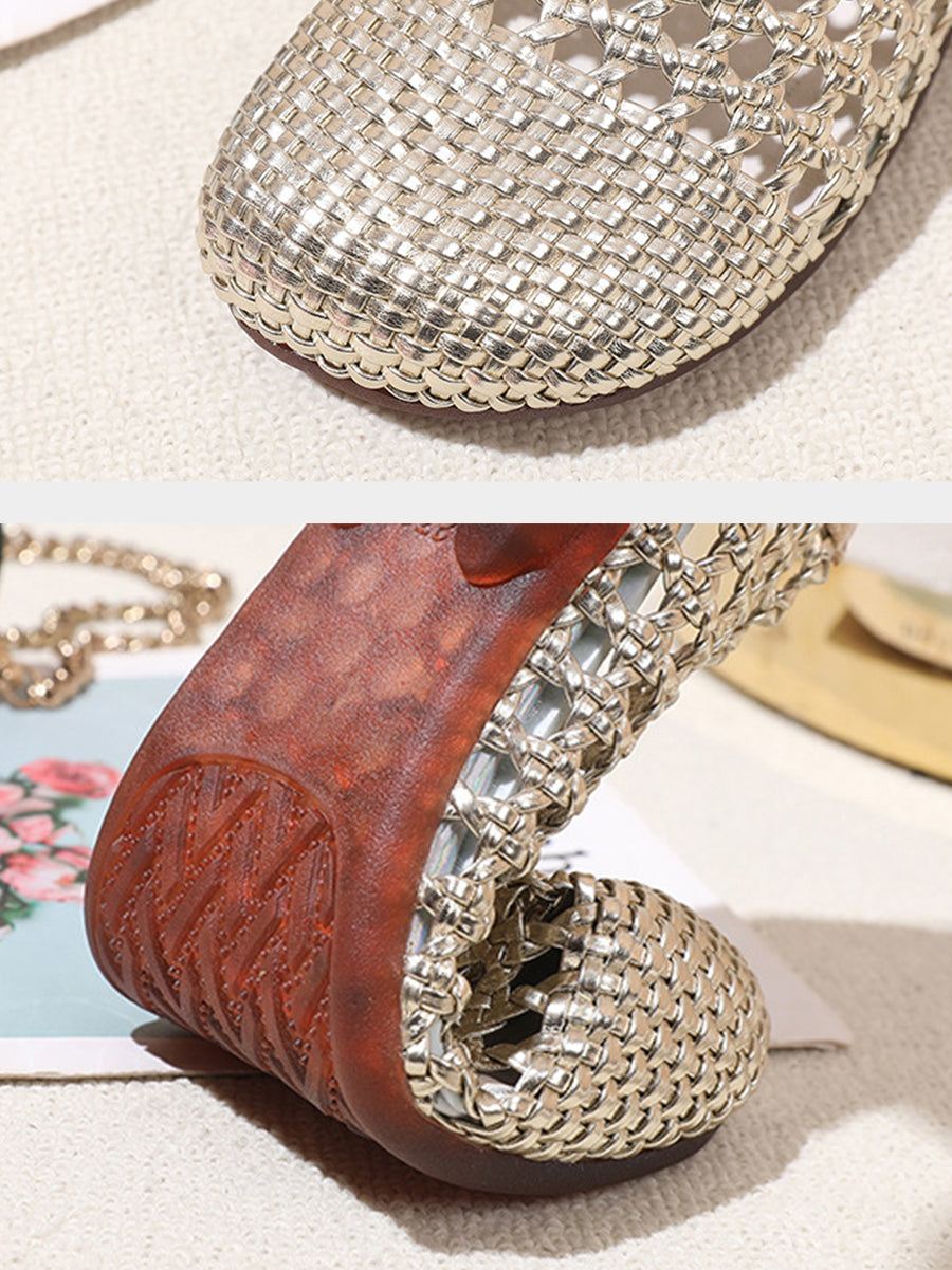 Women Summer Hole Leather Weave Low Heel Sandals