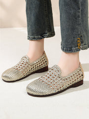 Women Summer Hole Leather Weave Low Heel Sandals
