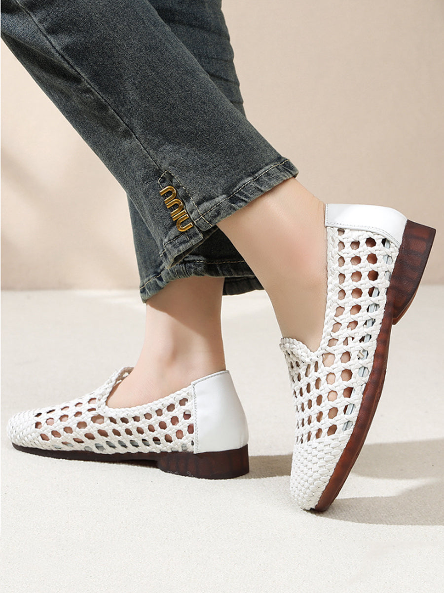 Women Summer Hole Leather Weave Low Heel Sandals