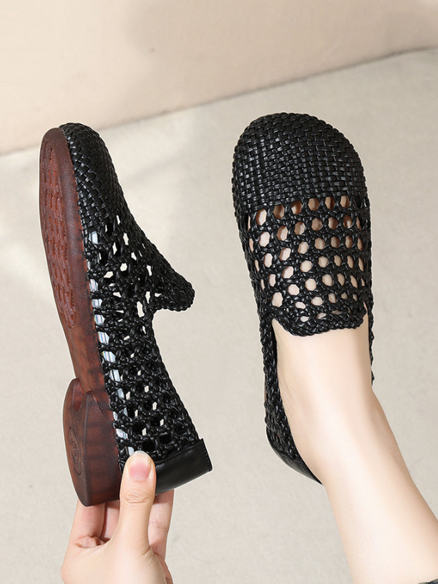 Women Summer Hole Leather Weave Low Heel Sandals