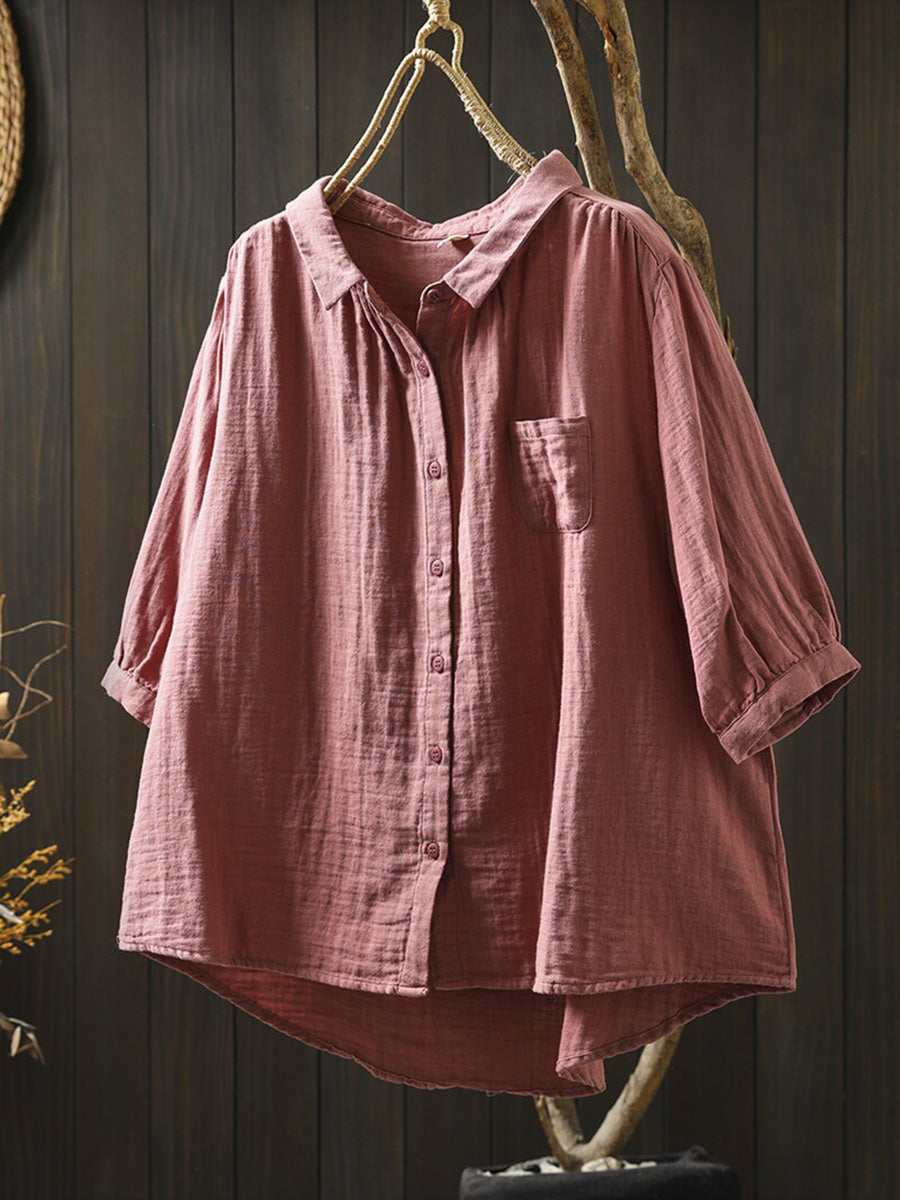 Women Summer Casual Pure Color 100%Cotton Shirt