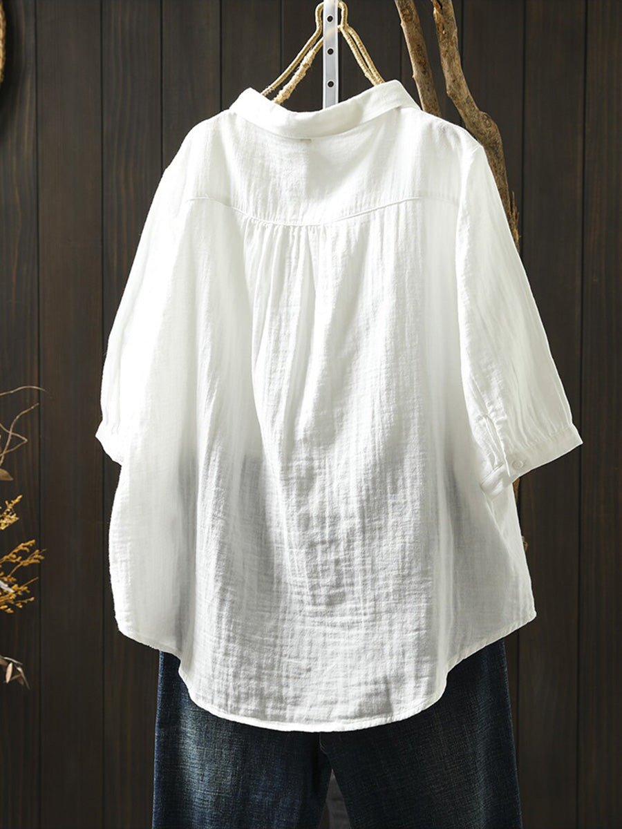 Women Summer Casual Pure Color 100%Cotton Shirt