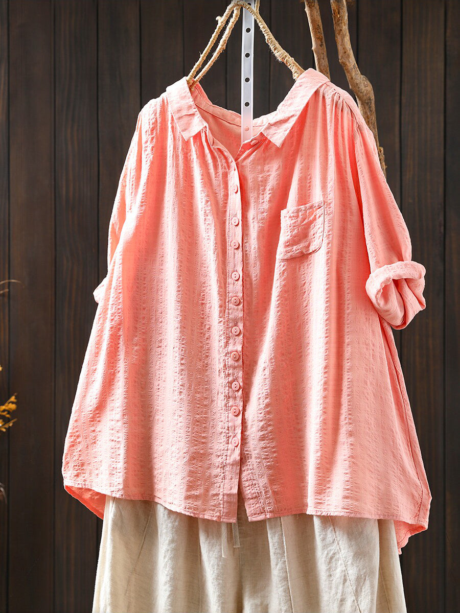 Women Summer Casual Pure Color Cotton Shirt