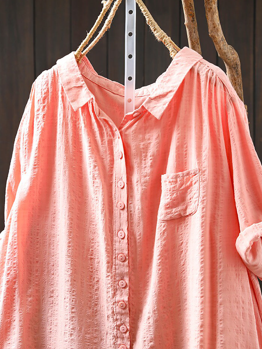 Women Summer Casual Pure Color Cotton Shirt