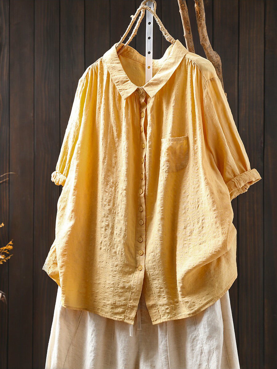 Women Summer Casual Pure Color Cotton Shirt