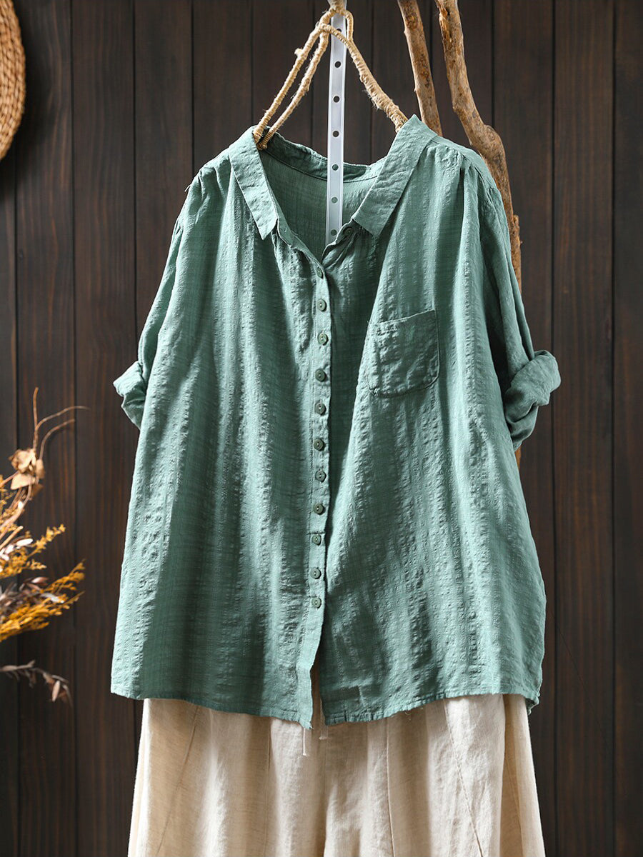 Women Summer Casual Pure Color Cotton Shirt