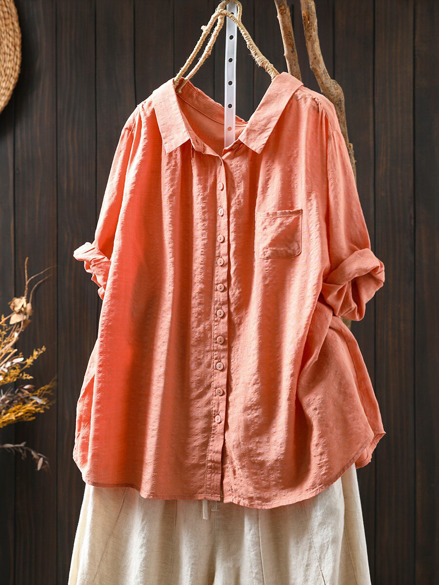 Women Summer Casual Pure Color Cotton Shirt
