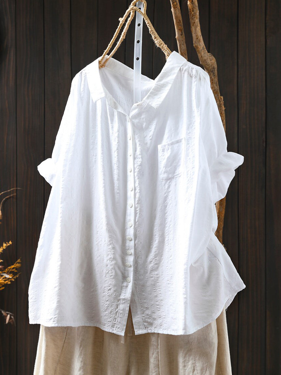 Women Summer Casual Pure Color Cotton Shirt