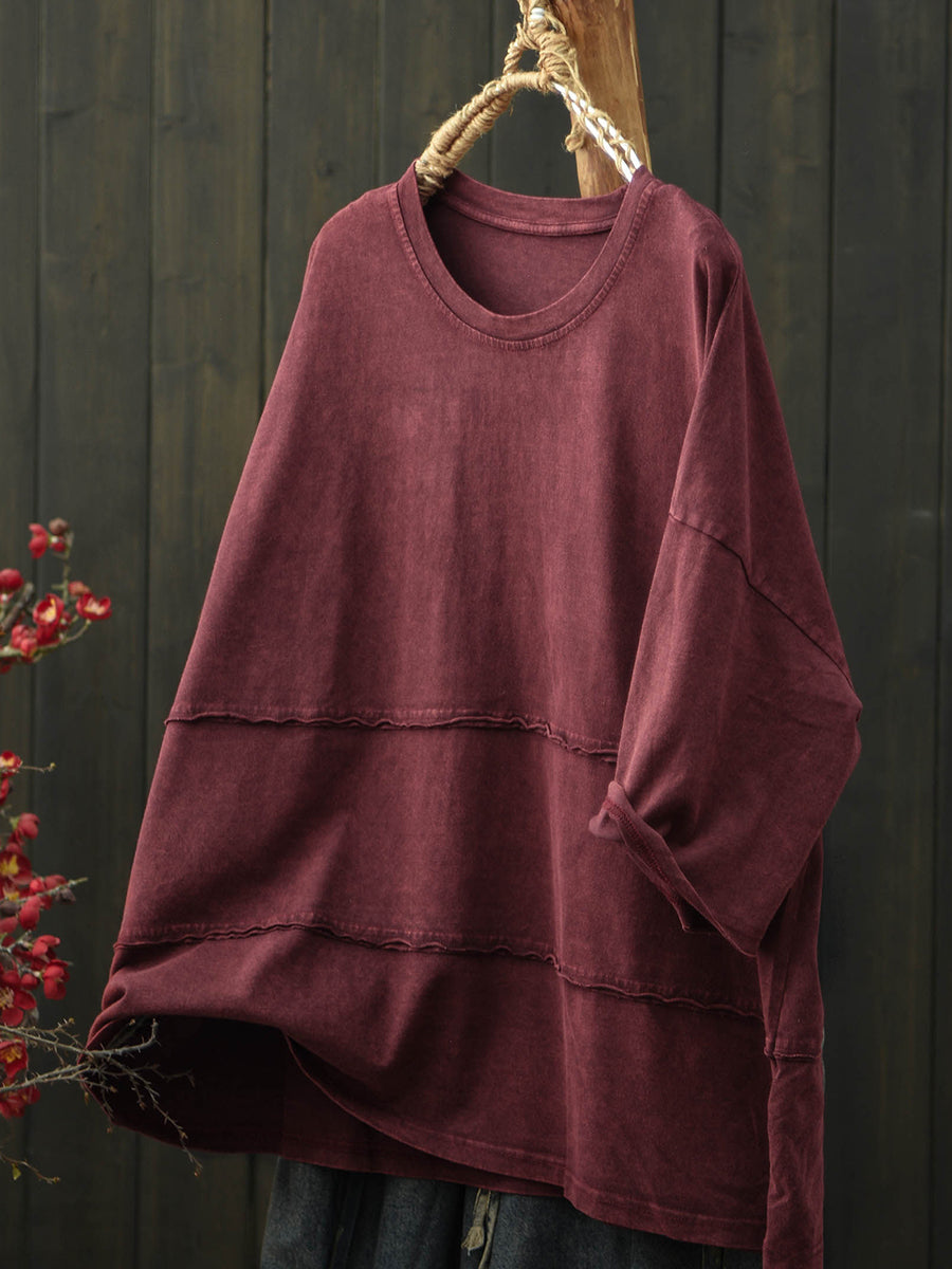 Plus Size Women Summer Retro Pure Color Cotton T-Shirt