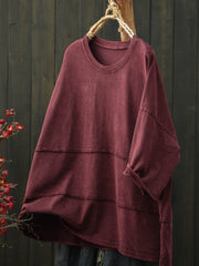 Plus Size Women Summer Retro Pure Color Cotton T-Shirt