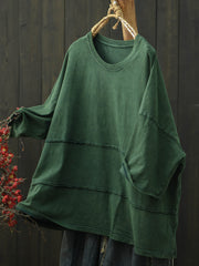 Plus Size Women Summer Retro Pure Color Cotton T-Shirt