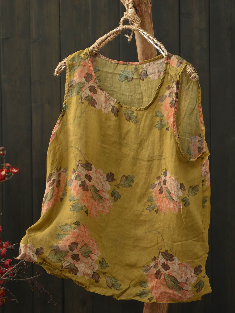 Women Summer Artsy Flower Ramie O-Neck Vest