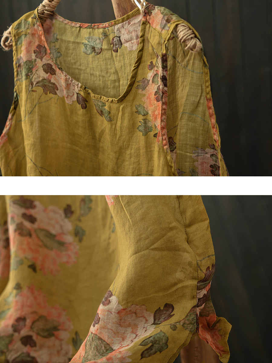 Women Summer Artsy Flower Ramie O-Neck Vest