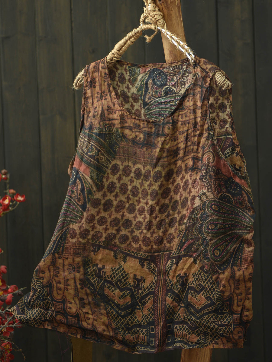 Women Summer Artsy Flower Ramie O-Neck Vest