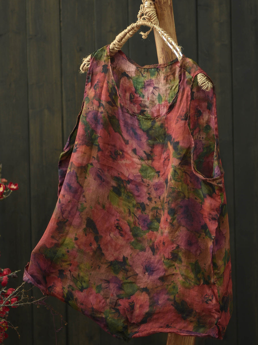 Women Summer Artsy Flower Ramie O-Neck Vest