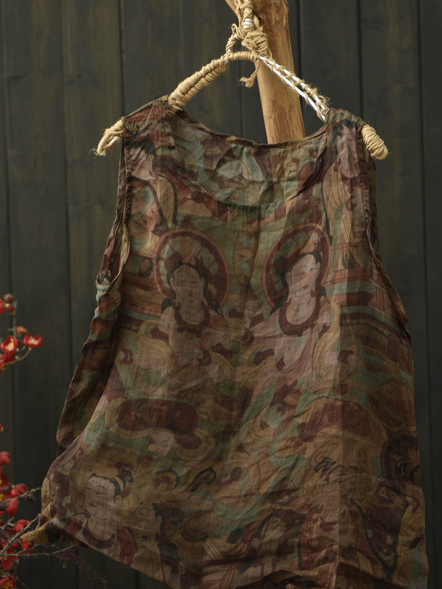 Women Summer Artsy Flower Ramie O-Neck Vest