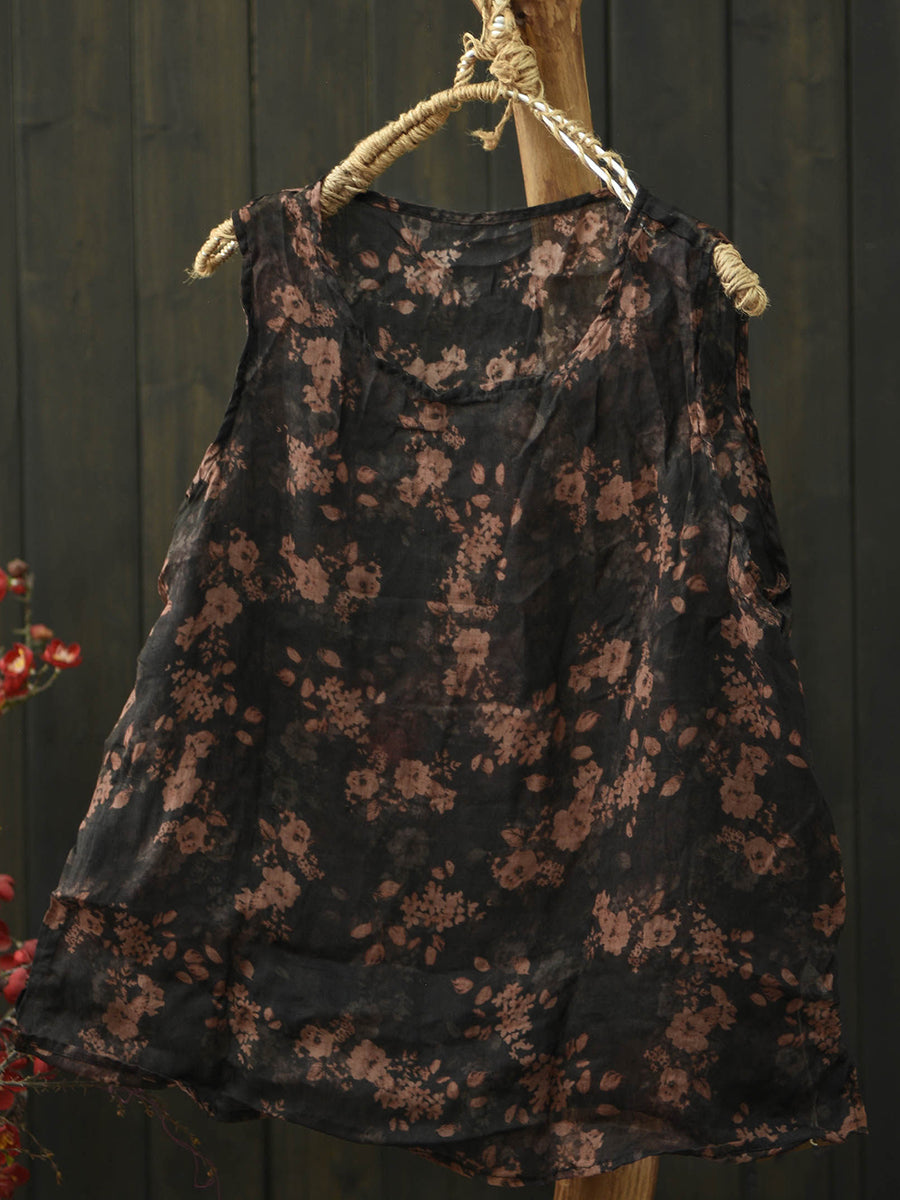 Women Summer Artsy Flower Ramie O-Neck Vest