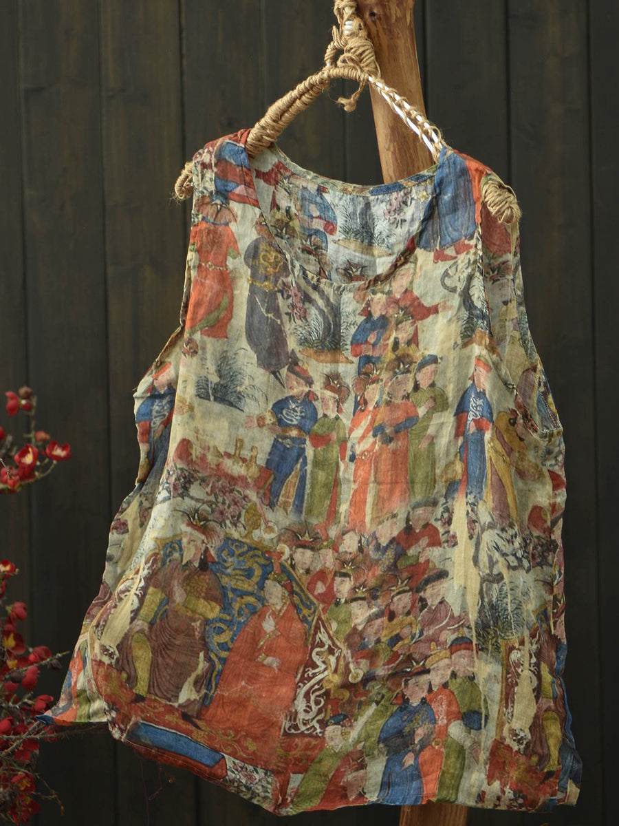 Women Summer Artsy Flower Ramie O-Neck Vest