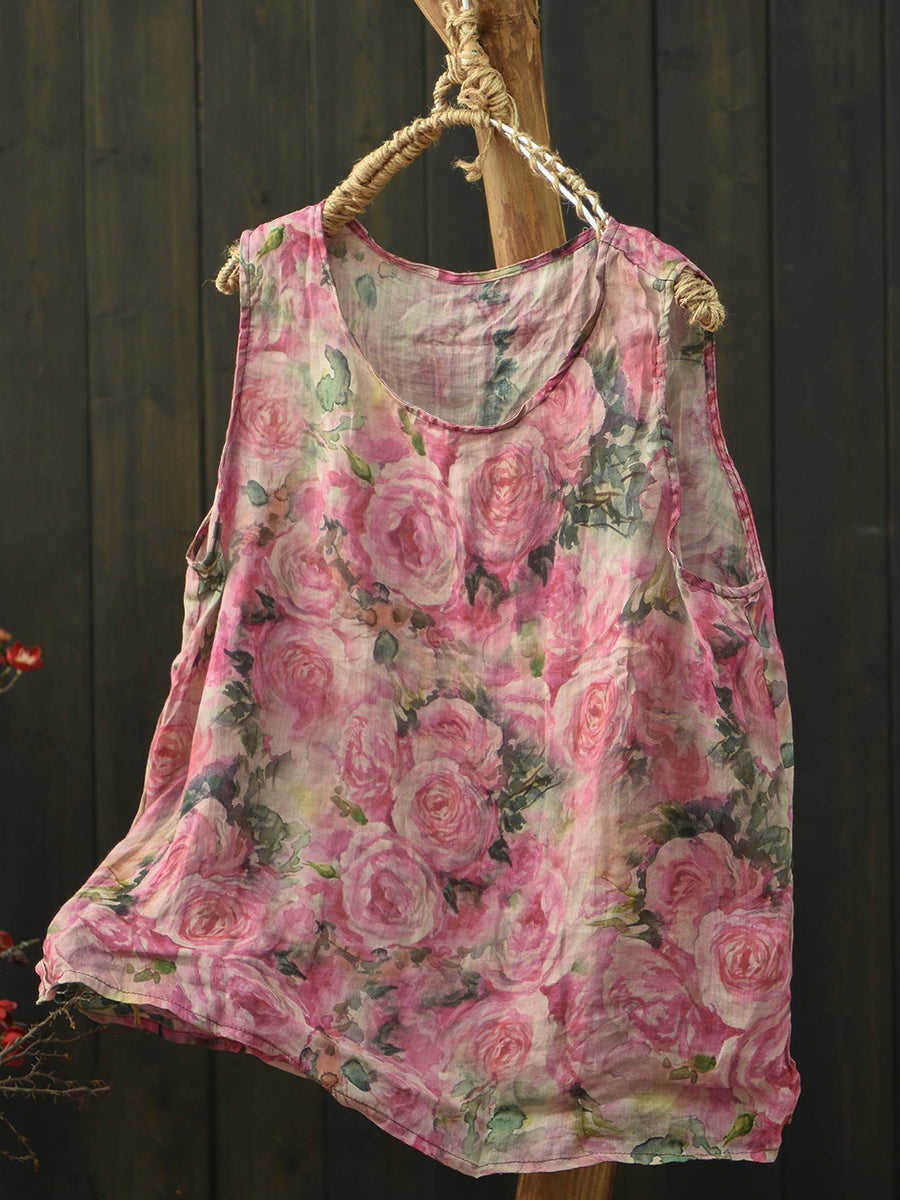 Women Summer Artsy Flower Ramie O-Neck Vest