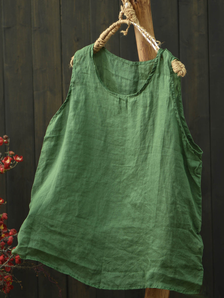 Women Summer Artsy Flower Ramie O-Neck Vest