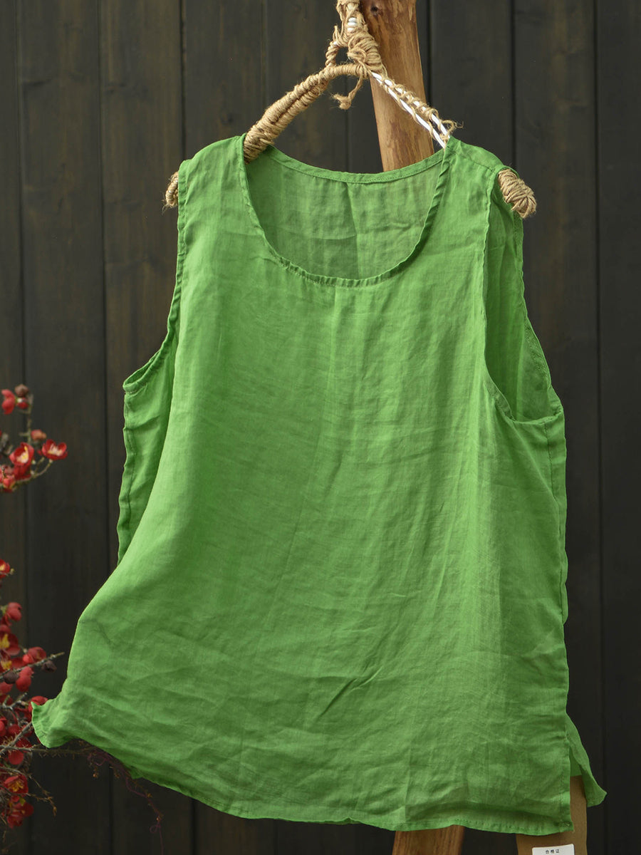 Women Summer Artsy Flower Ramie O-Neck Vest