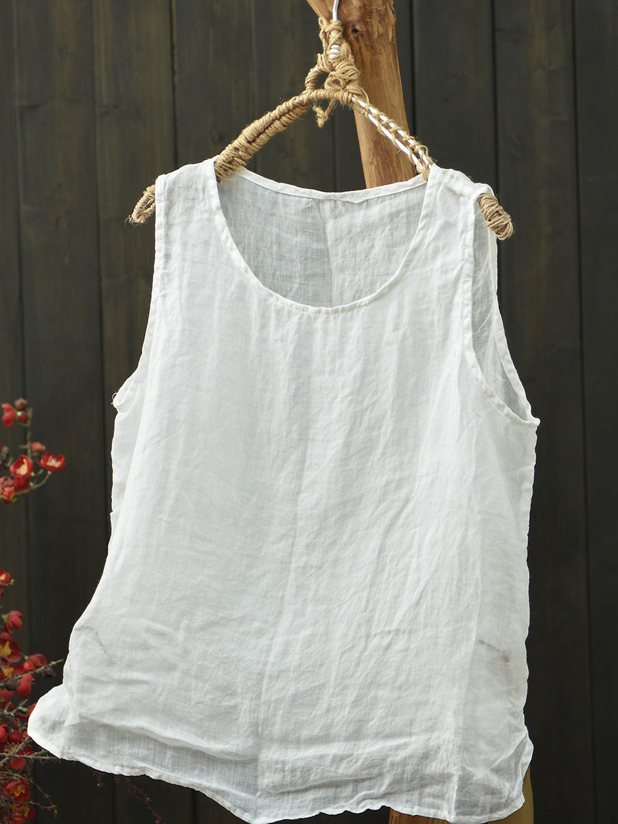 Women Summer Artsy Flower Ramie O-Neck Vest