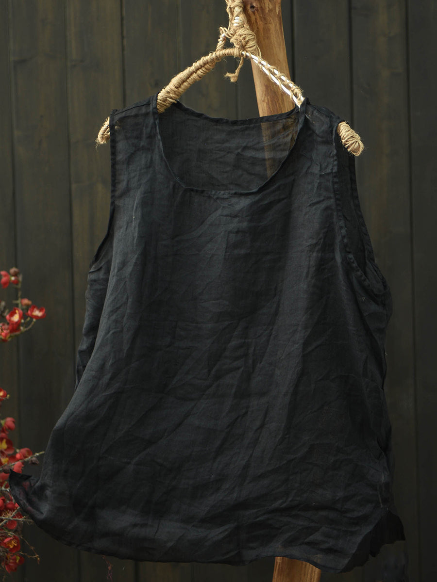 Women Summer Artsy Flower Ramie O-Neck Vest