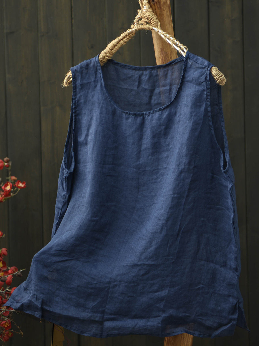 Women Summer Artsy Flower Ramie O-Neck Vest