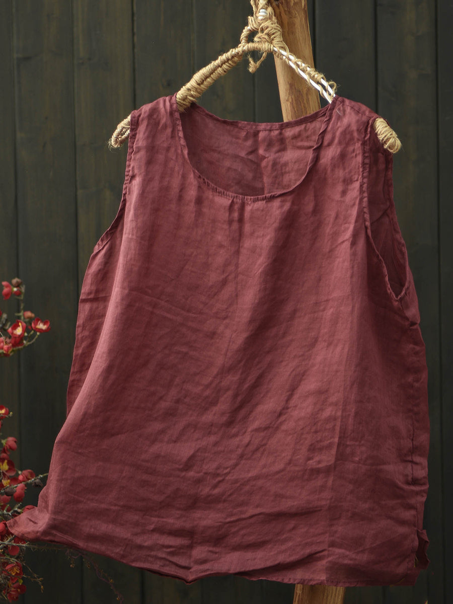 Women Summer Artsy Flower Ramie O-Neck Vest