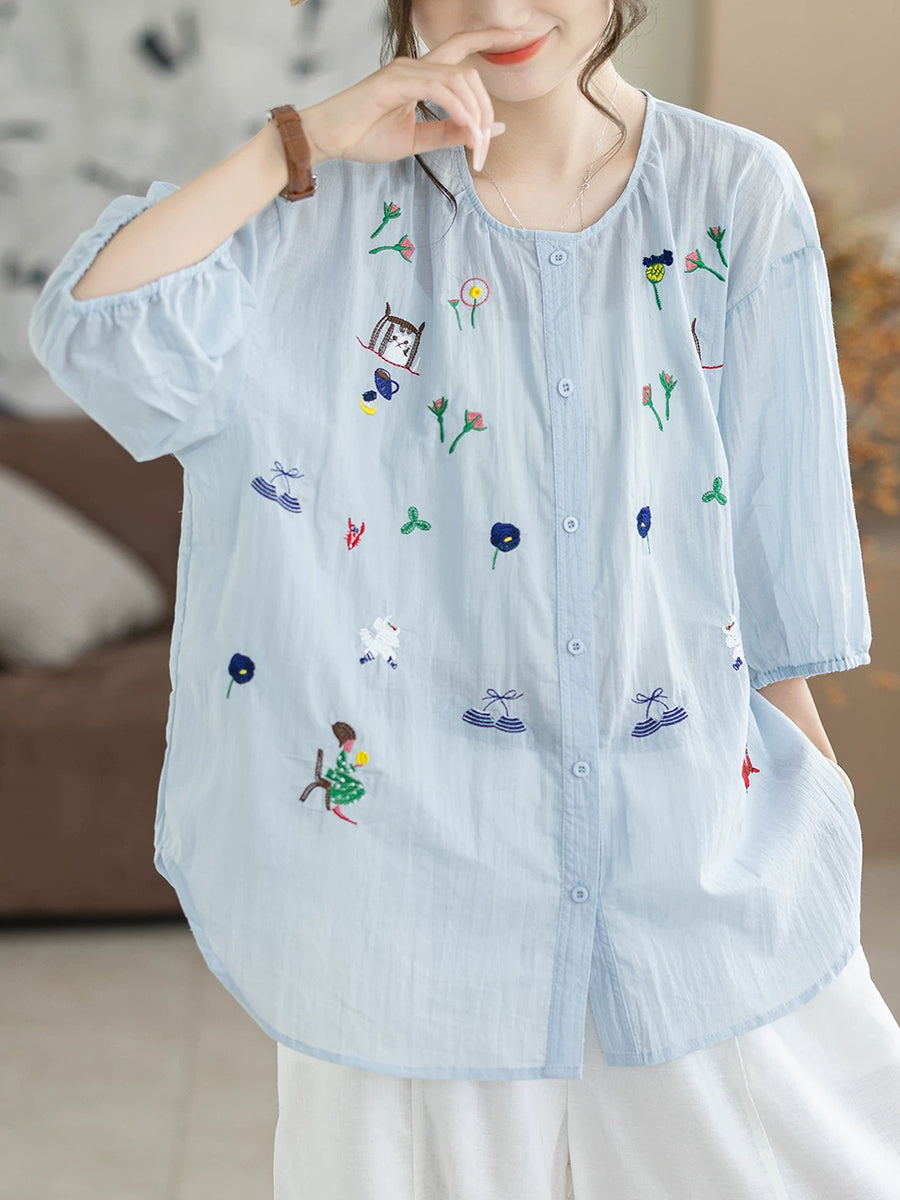 Women Summer Artsy Embroidery O-Neck 100%Cotton Blouse