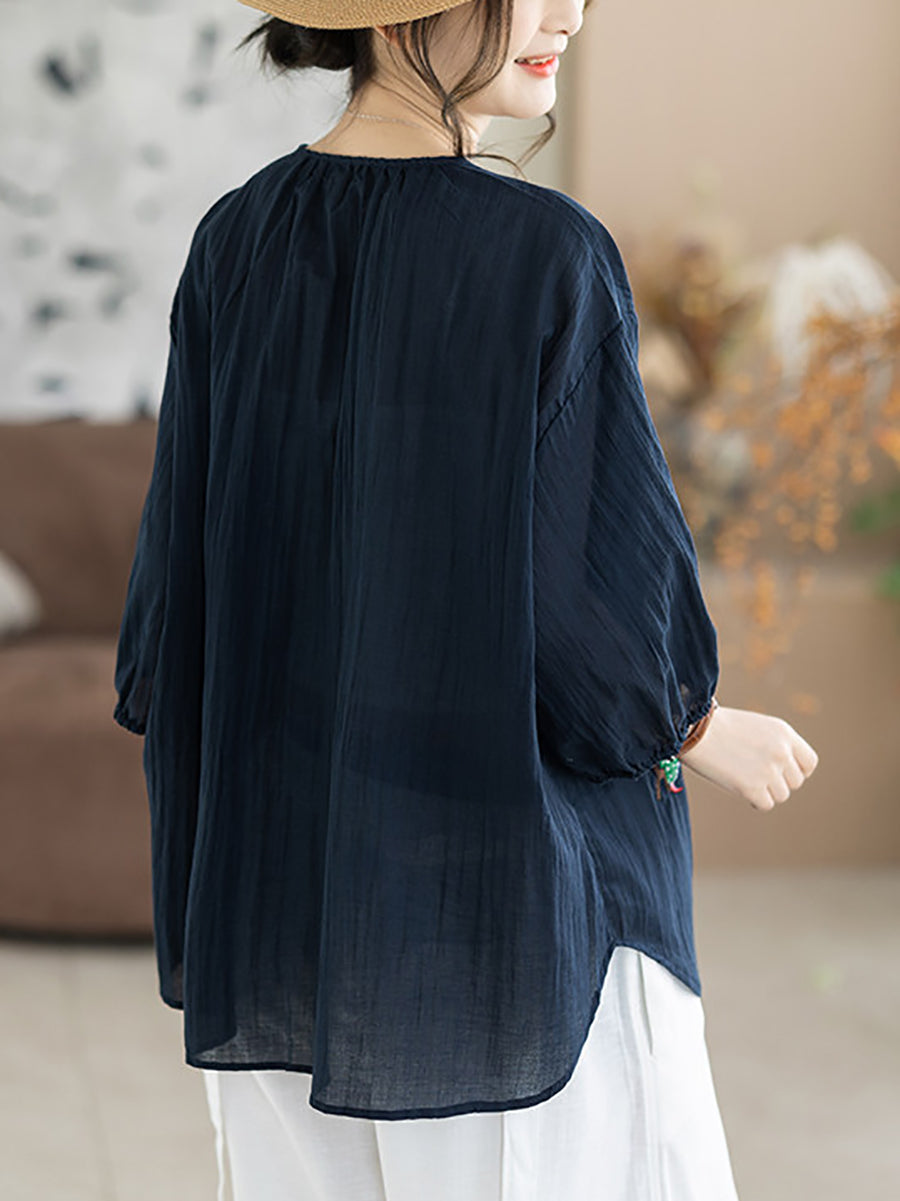 Women Summer Artsy Embroidery O-Neck 100%Cotton Blouse