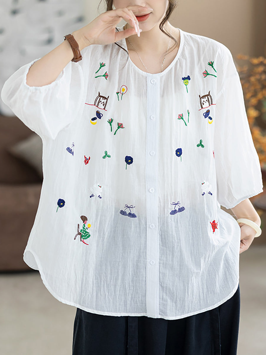 Women Summer Artsy Embroidery O-Neck 100%Cotton Blouse