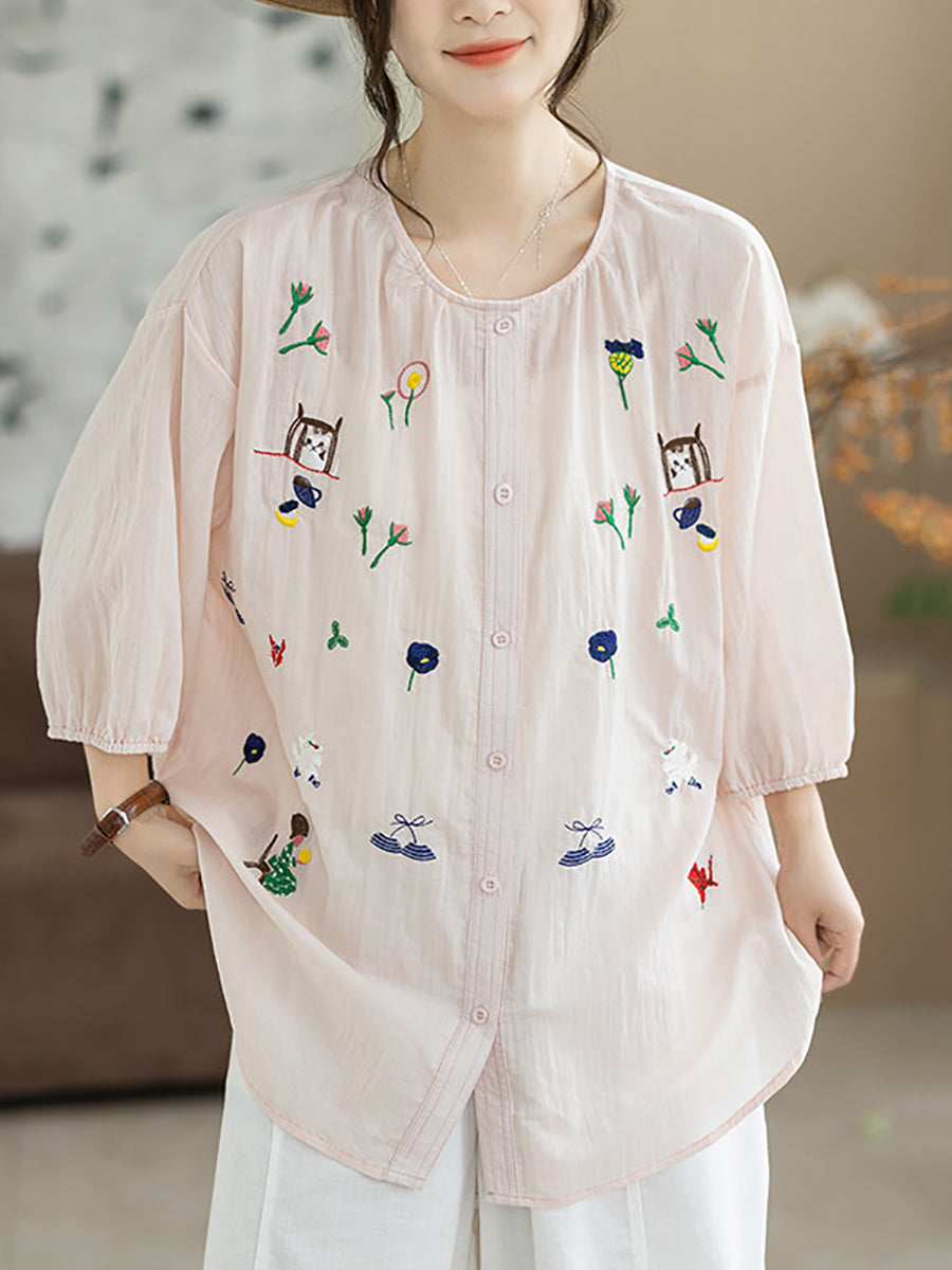 Women Summer Artsy Embroidery O-Neck 100%Cotton Blouse