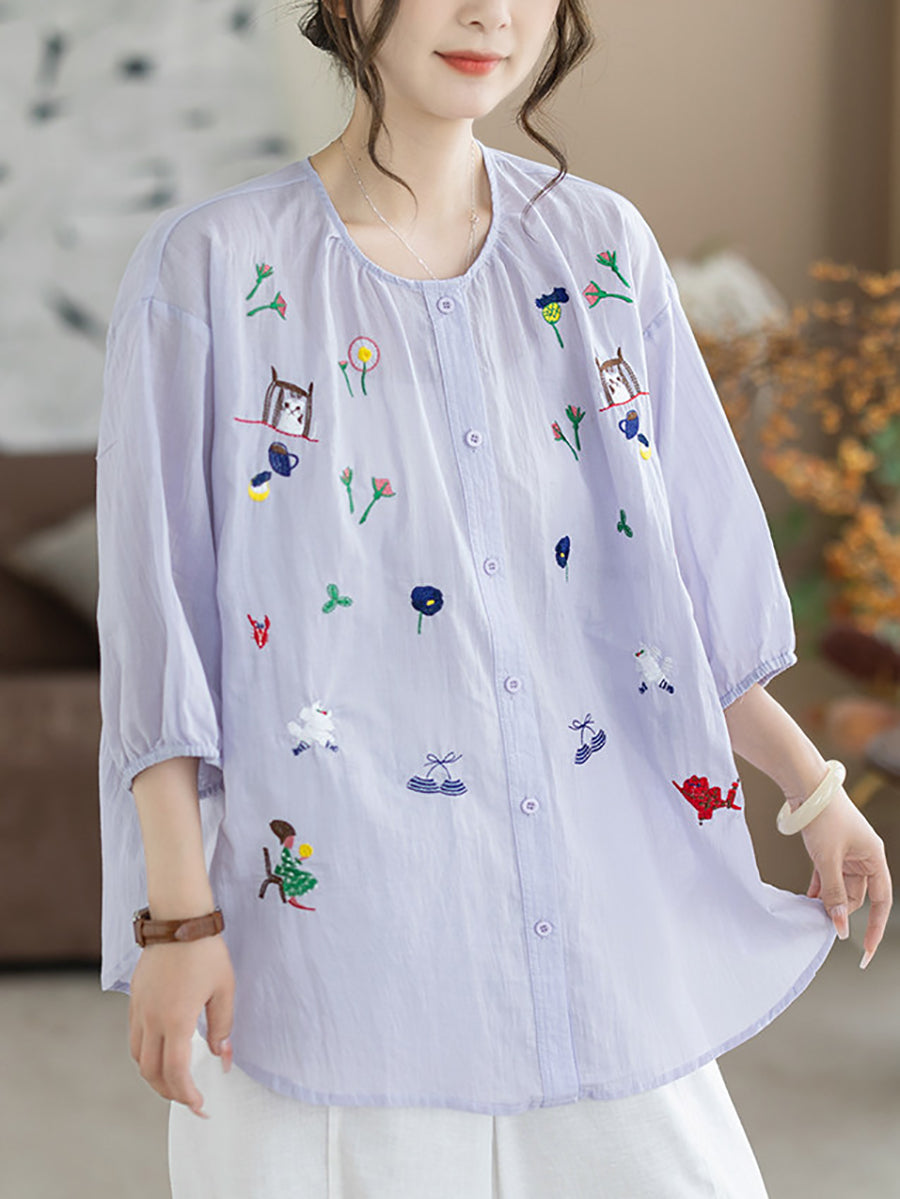 Women Summer Artsy Embroidery O-Neck 100%Cotton Blouse